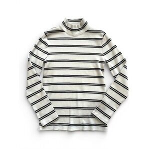 Talbots Petite striped ribbed turtleneck long sleeve knit top SP black white rib